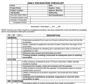 Daily Excavation Checklist
